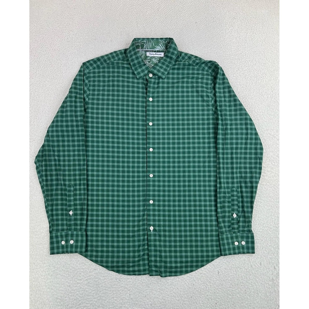Tommy Bahama Shirt Men's Large Green Check Pima Cotton Long Sleeve Button Up